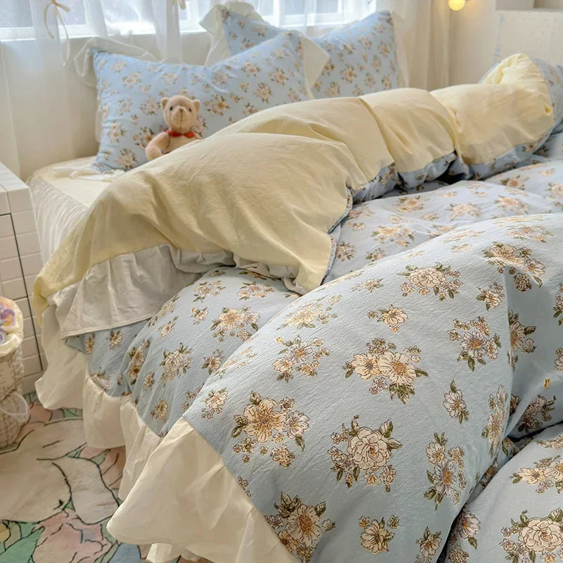 1.5/1.8 Korean Style 100% Cotton Fitted Sheet Sets with Lace Flower Print Bedding Set