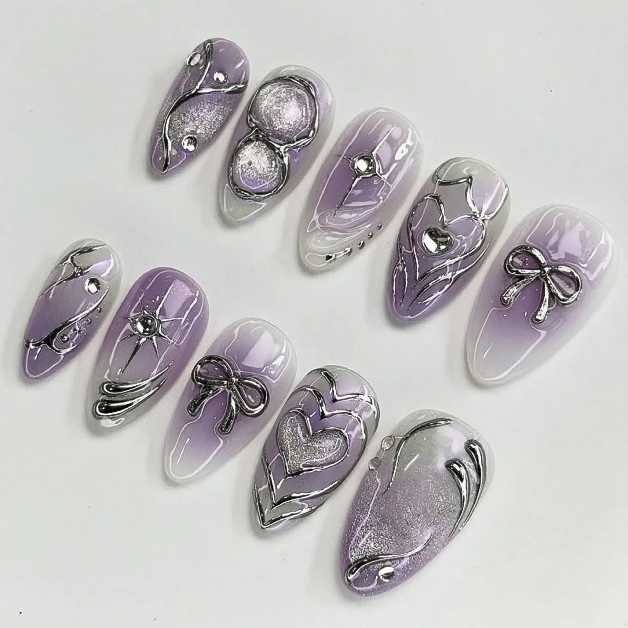 Red Y2K Wearable Nail Art Chic Silver Butterfly Love Metal Bead Almond False Nails Detachable Finished Fake Nails Press on Nails