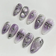 Red Y2K Wearable Nail Art Chic Silver Butterfly Love Metal Bead Almond False Nails Detachable Finished Fake Nails Press on Nails