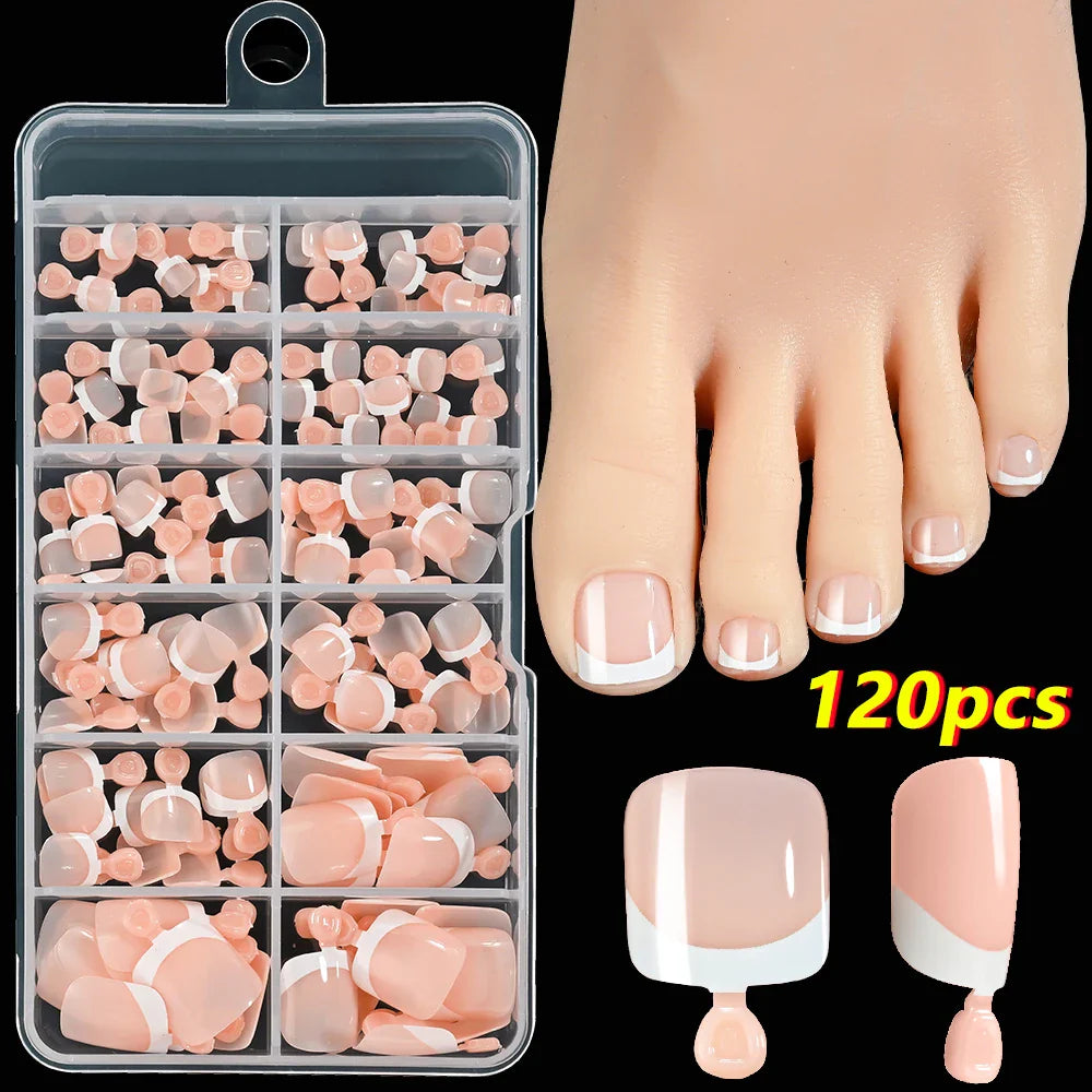 120Pcs Pink French Short Square Fake Nails 12-Sizes Full Cover Press On Nails Wearable Detachable Finished False Fingertips *TD