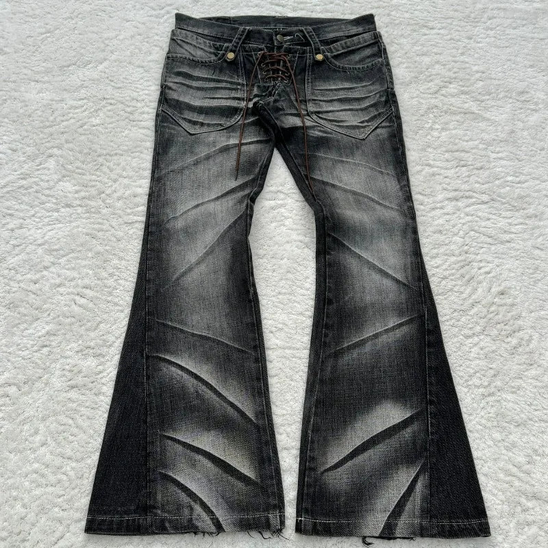 Y2k Flared Lace Up Jeans Retro Washed Paw Prints Double Waist Slim Fit Jeans Gothic High Street Wear Unisex Bootcut Jeans