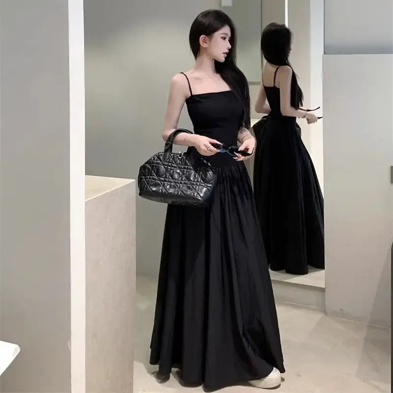 Temperament Apricot Suspender Dress Gentle Vacation Style Waist Cinched Backless Big Swing A-line Long Skirt Q147
