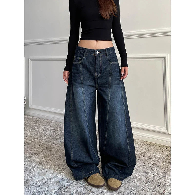 Blue Retro Y2K 2000s Wide Leg Baggy Casual Denim Trouser High Waist Loose Jeans Harajuku Full Length Pants