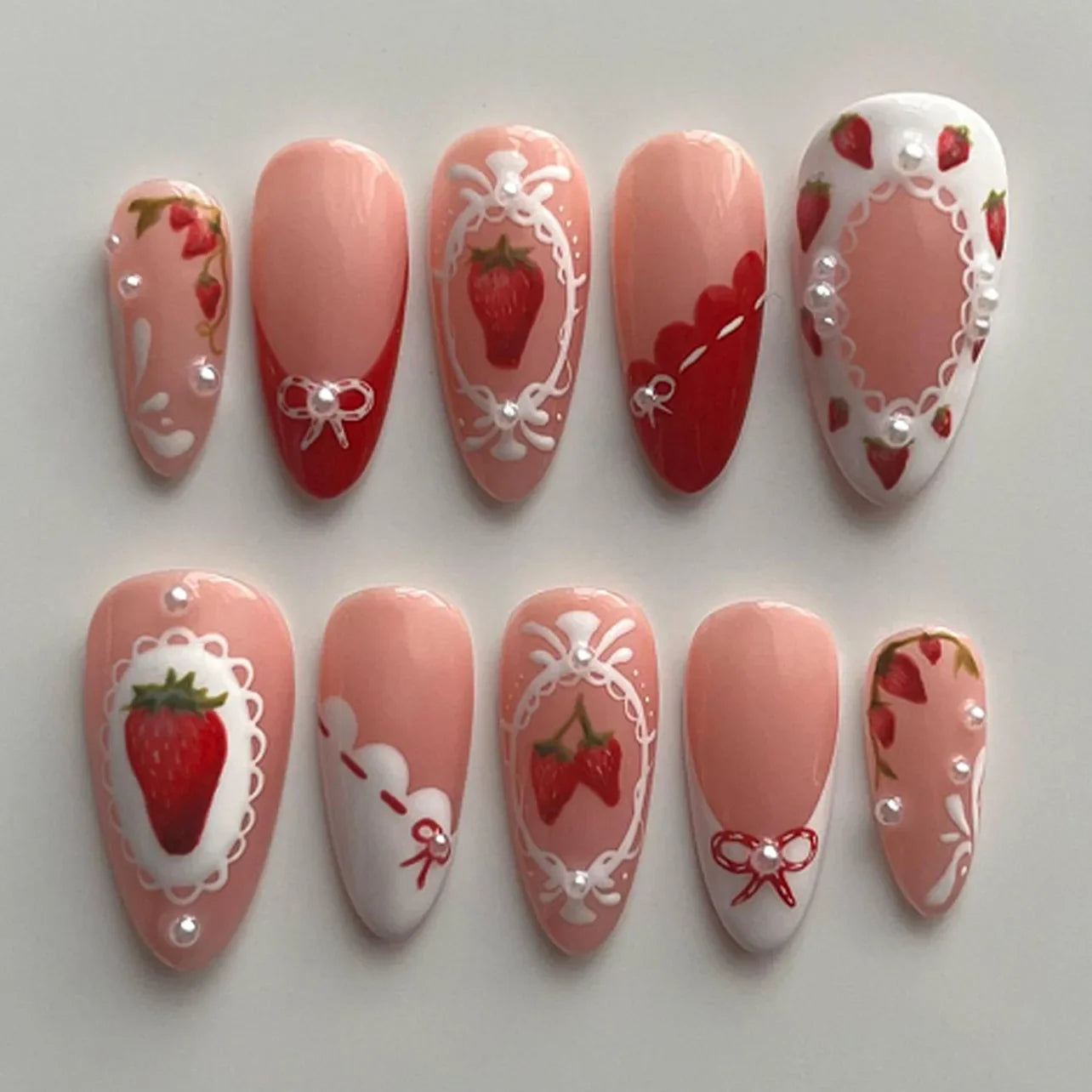 24pcs Sweet Letter Press On Nails Cute Cherry Bowknots Ladybug Strawberry Decor False Nails Blush Pink Almond Fake Nail