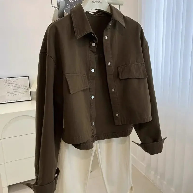 Loose Short Collared Workwear Jacket Style Versatile Korean Neutral Flip Collar Utility Coat Trend