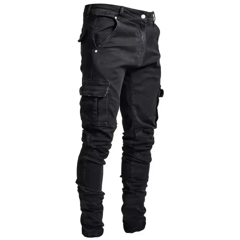 Street Elastic Denim Jeans Wash Solid Color Multi Pockets Cargo Pants Casual Slim Fit Daily Wear Joggers Mid Waist Trousers