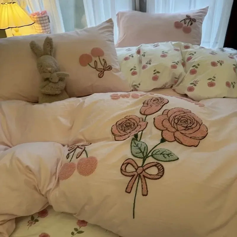 Korean Style Bedding Set Green Strip Black Cat Embroidery Washed Cotton Duvet Cover Cute Cardboard Bed linen Comforter Sets