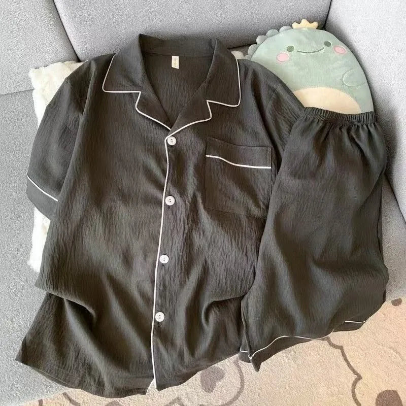 Luxury Pajama Set Solid Color Short Sleeve Lapel Top