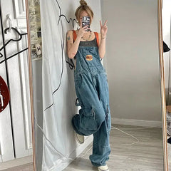 Cool Girl Style Embroidered Spicy Ink Denim Strap Jumpsuits /Large Loose