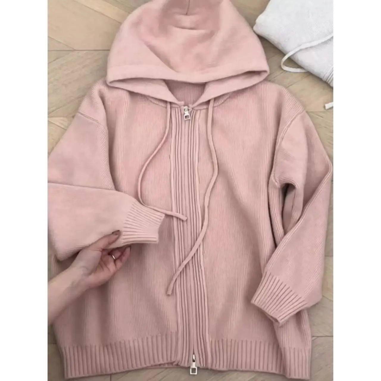 Gray Hooded Sweater Coat Double Zipper Long Sleeve Loose Korean Soft Thickened Knitted Tops Coats