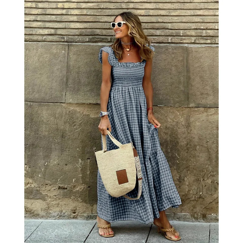 Elegant Plaid Slip Maxi Long Dress Strapless Ruffle Backless Pleated Elastic Waist Boho Party Swing Loose Dresses
