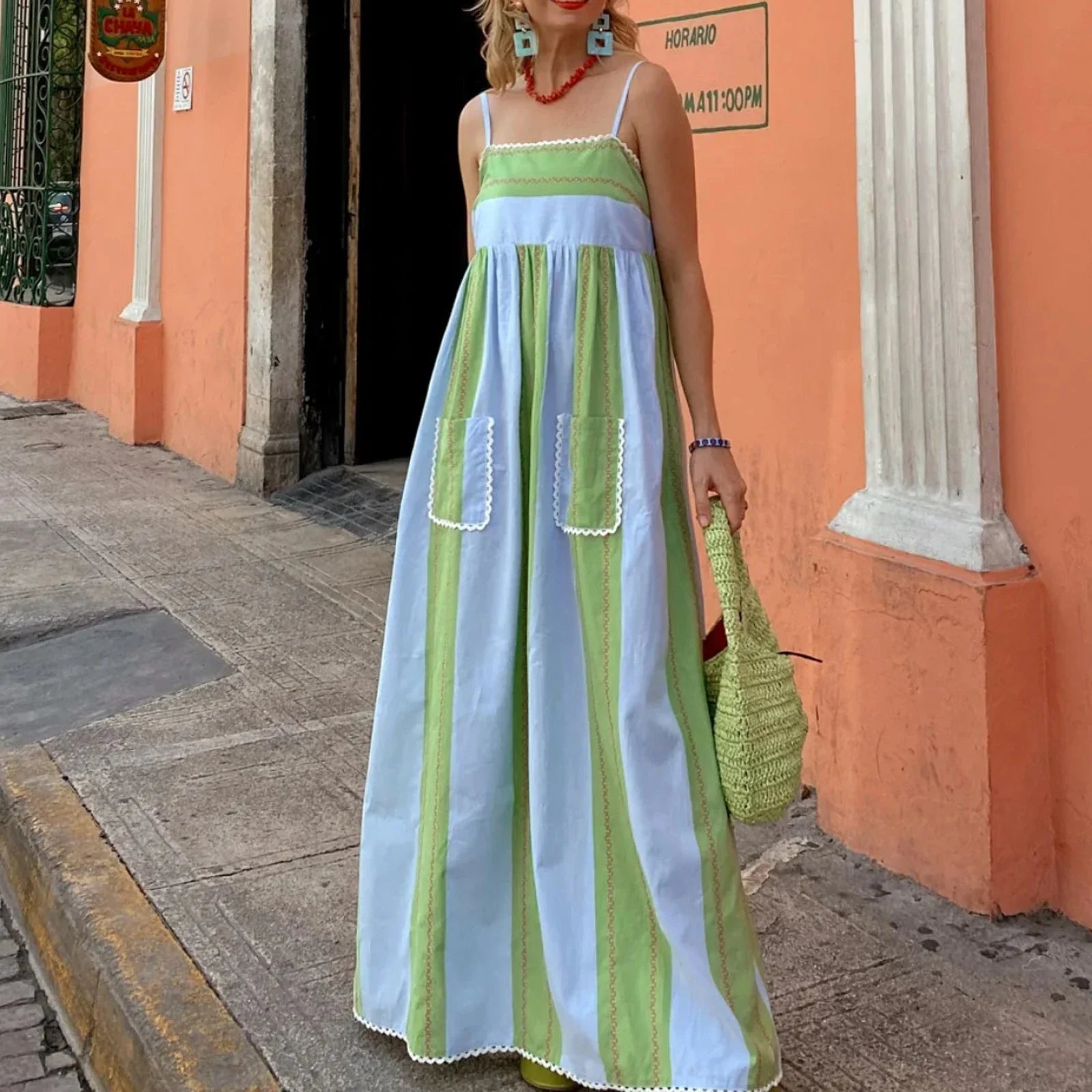 Combhasaki Striped Adjustable Thin Spaghetti Straps Ric-Rac Trim Flowy Beachwear A-line Slip Cami Pocket Long Dress