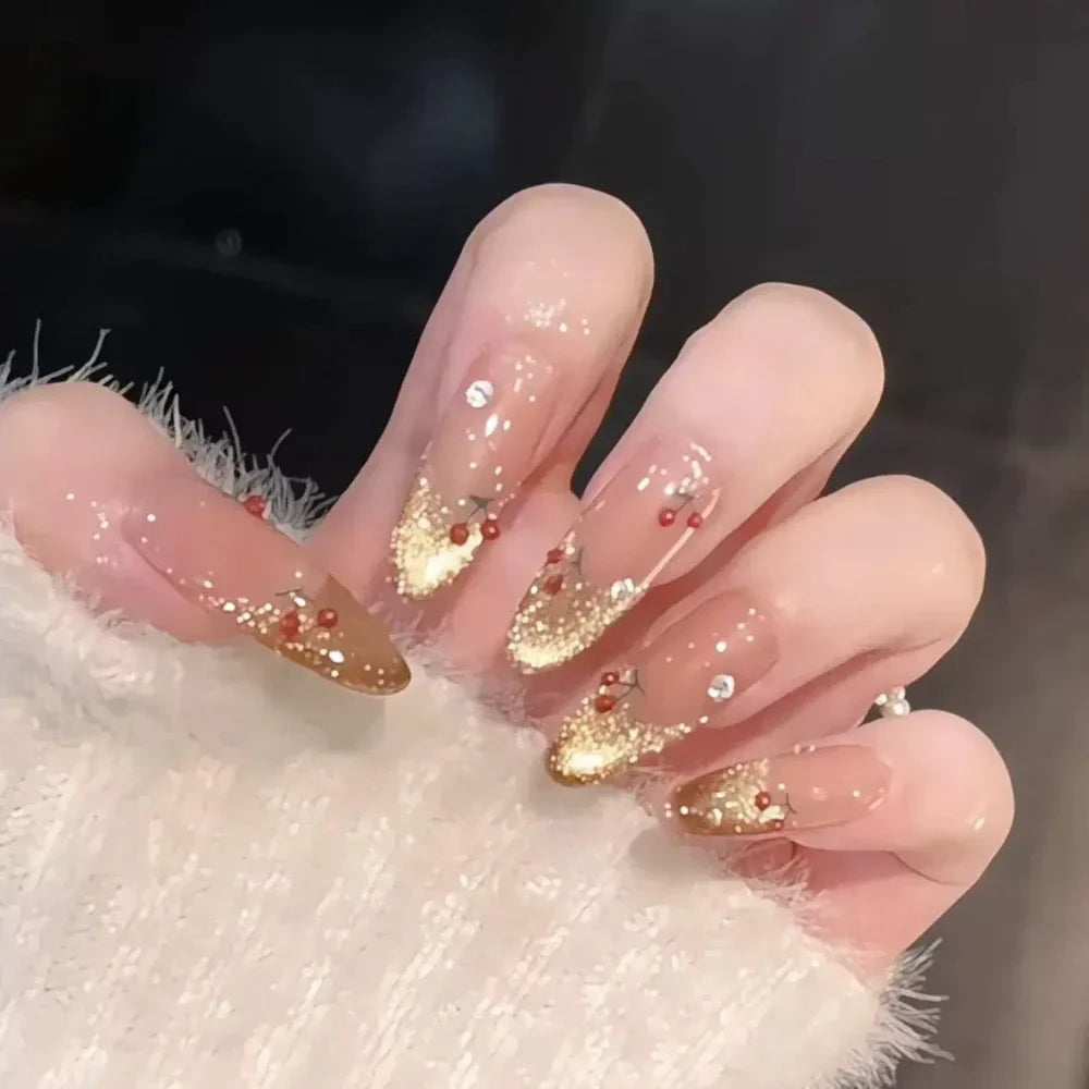 10Pcs Gentle Handwork Press On Nails French Style Flowers Butterfly Rhinestone Pearl Design Detachable False Nails Gift