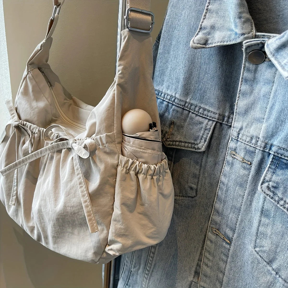Large Capacity Shoulder Bags Lightweight Nylon Pleated Crossbody Bag Multiple Pockets Hobo Bag