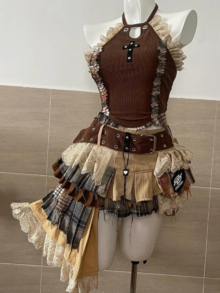 Gothic Retro Fur Trim Corset Design Suit Y2k Slim Lolita Elegant 2 Piece Sets Korea Style Chic Outfits