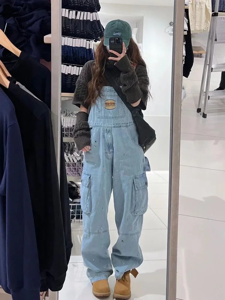 Cool Girl Style Embroidered Spicy Ink Denim Strap Jumpsuits /Large Loose