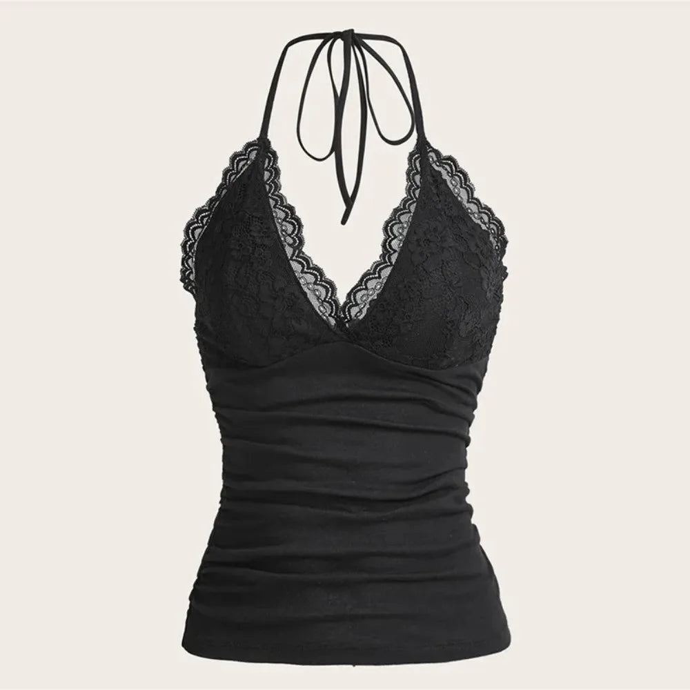 Black Lace Patchwork Halter Top Solid Ruched Backless Sleeveless Tank Top Streetwear Clothes