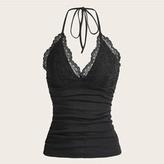 Black Lace Patchwork Halter Top Solid Ruched Backless Sleeveless Tank Top Streetwear Clothes