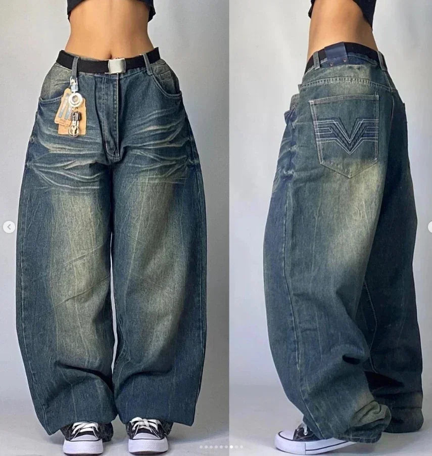 American Hip Hop Retro Gothic Print Jeans Y2K Street Selling Loose Straight Wide Leg Pants Unisex Joker Jeans