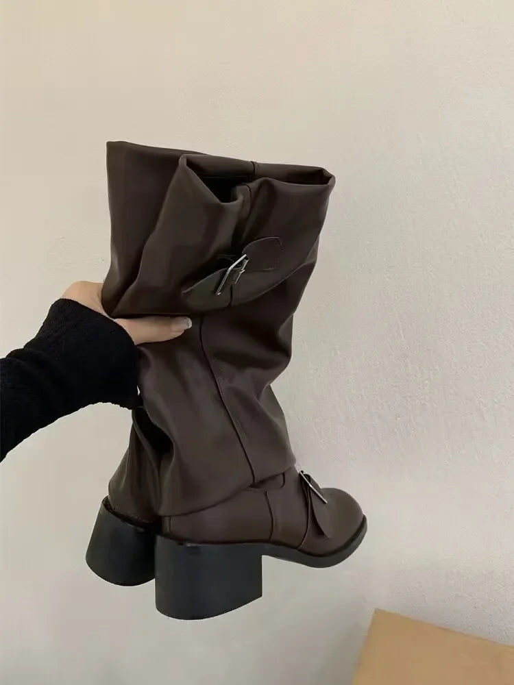 Boots Knee High Platform Chunky Heels Trend Punk Gothic Rock Leather Shoes Motorcycle Footwear Q221