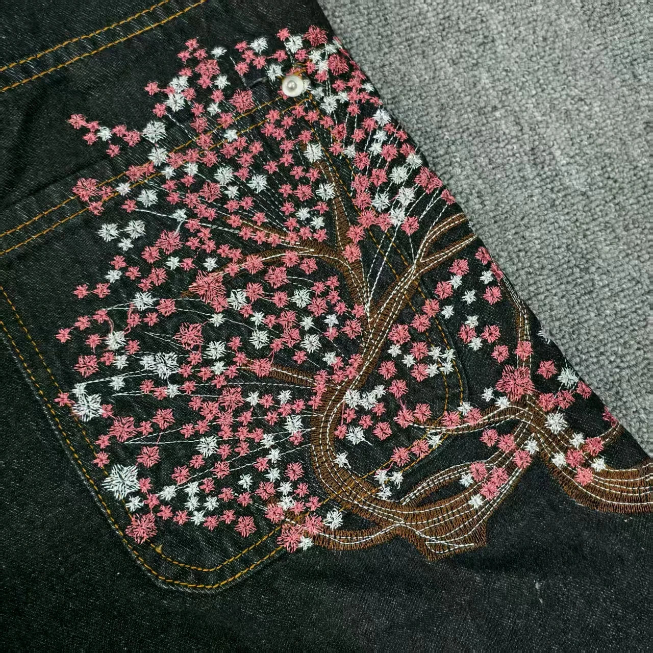 Y2K 2000s Cherry Blossom Pocket Embroidery Hip Hop Loose