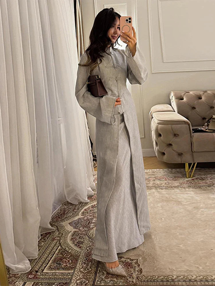 Elegant Top Skirt Sets Chinese Buckle Full Sleeve Long Coat A-line Maxi Skirts Set Lady Suits