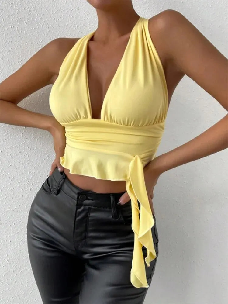 Tight Fitting Deep V-neck Pleated Top Tight Fitting Beach Resort Nightclub Model Tigh