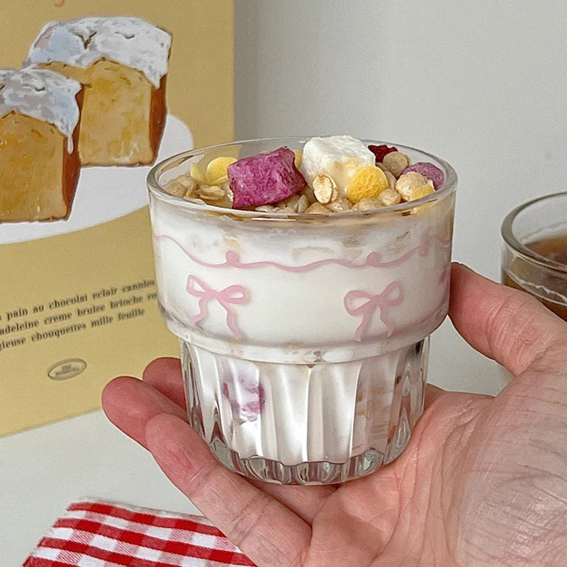 INS Pink Bow Glass Cups Iced Coffee Mug Clear Drinking Glasses Tumbler Milk Tea Juice Water Cup Dessert Cups Drinkware 260-380ML