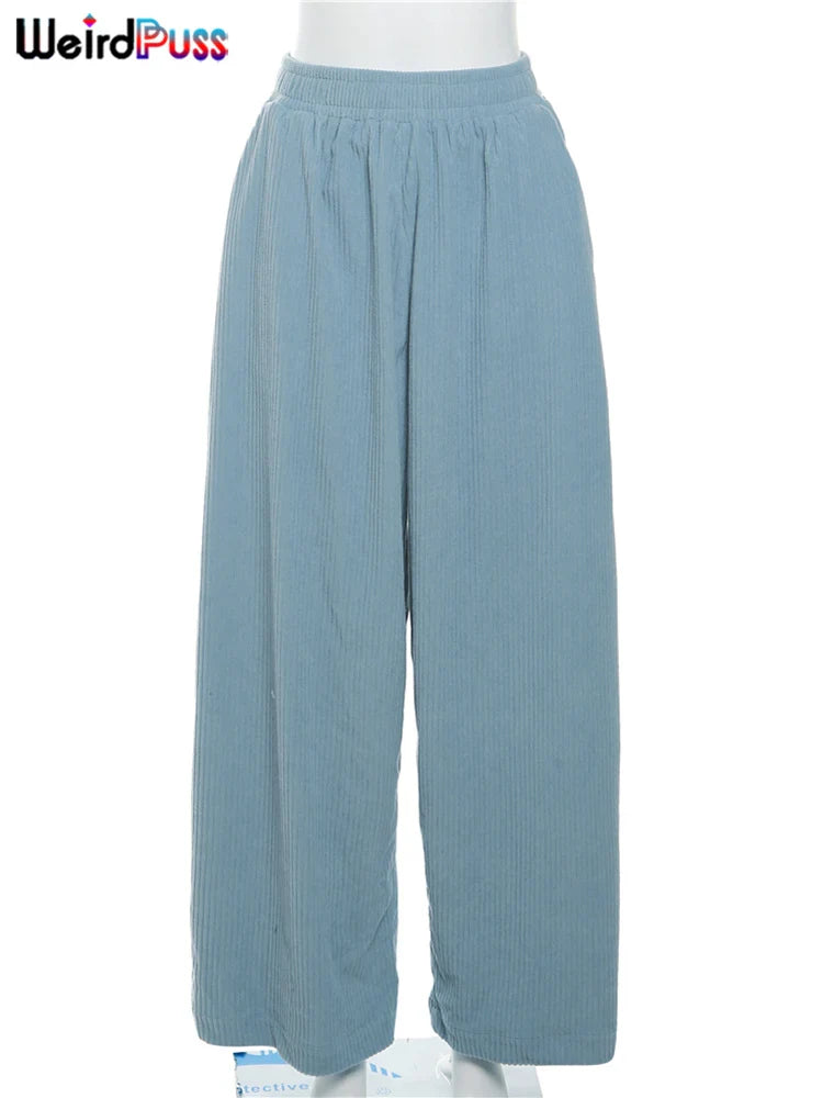 Weird Puss Y2K Casual Wide-Leg Pants Loose Simple Basic Pocket High Waist Trousers Corduroy Streetwear Long Bottoms