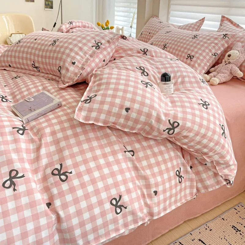 Simple Bedding Set Plaid Sold Color Single Queen Size Duvet Cover No Filling Boys Girls Flat Sheet Pillowcase Kit