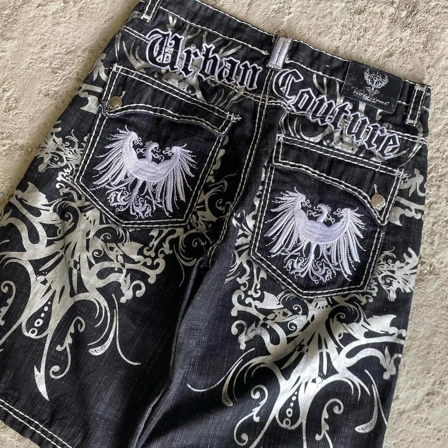 Y2K Denim Shorts Patch Vintage Shorts Street Hip Hop Harajuku Punk Loose High Waist Wide Leg Pants