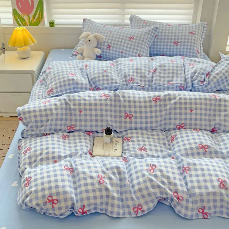 Simple Bedding Set Plaid Sold Color Single Queen Size Duvet Cover No Filling Boys Girls Flat Sheet Pillowcase Kit