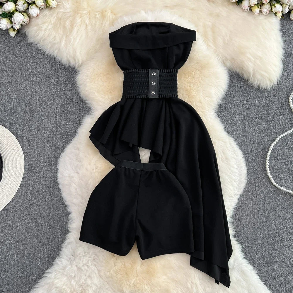 2pcs Sets Outfits Strapless Irregular Skinny A-line Dresses+elastic High Waist Solid Wide-leg Shorts Femme Suits