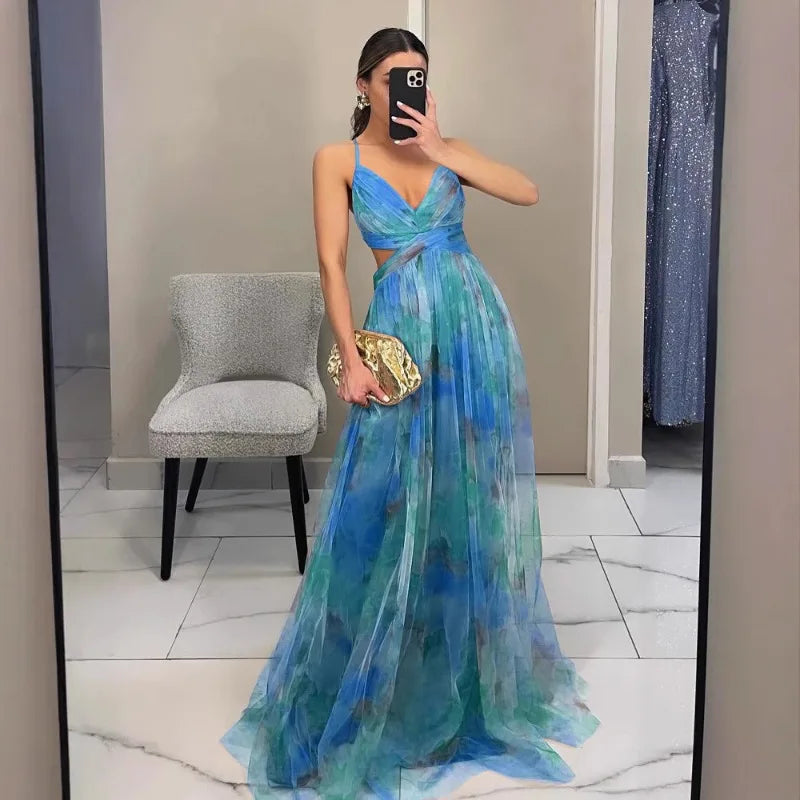 Elegant Print Pleated Mesh Evening Dress Off Shoulder Ins Vacation Long Dress V Neck High Waist Backless Sling Dress
