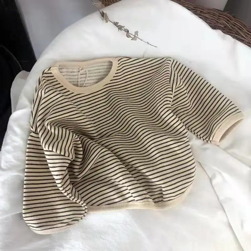 Boys Sweaters Tees Long Sleeve Korean Loose Striped Tops Children's T-shirts All-match Bottoming Girl Shirts
