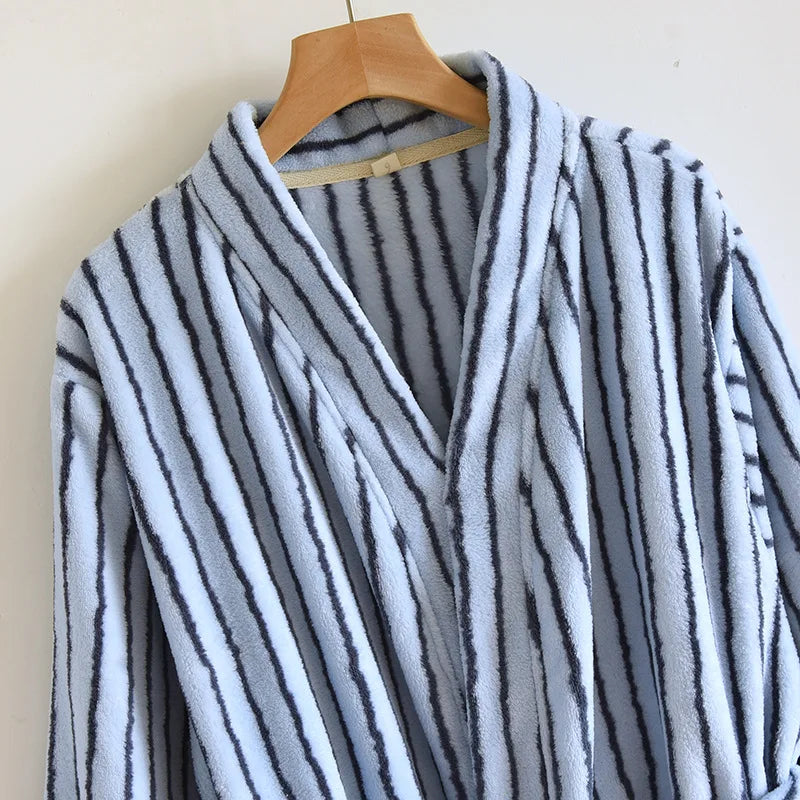 Robe Home Dress Thicken Flannel Bathrobe Kimono Gown Loose Print Stripe Sleepwear Coral Fleece Loungewear