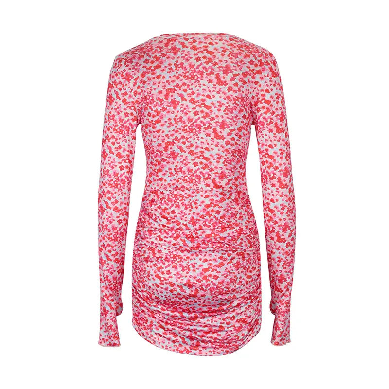 Dresses Pink Leopard Print Dress Streetwear Hollow Out Long Sleeves O-Neck Dresses Clothing