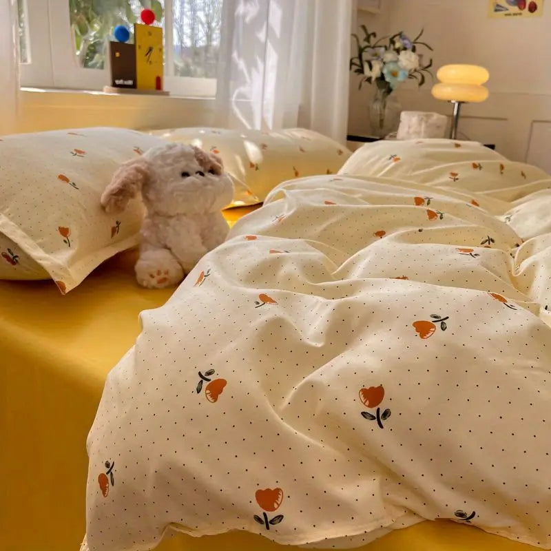 Floral Duvet Cover Set with Flat Sheet Pillowcase No Filler Girls Twin Full Queen Size Korean Soft Bedding Set