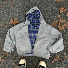 Blue Double-Sided Simple Style Wearable Gray Sweatshirt Plaid Inside Gothic Jacket
