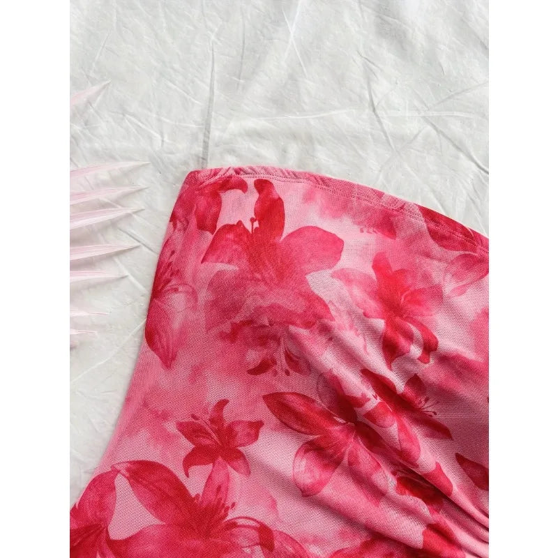Floral Print Tube Mini Dress Strapless Backless Party Club Short Ruched Drawstring Bodycon Party Dresses Streetwear