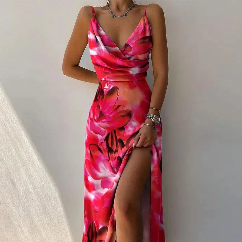 Print Dress Camisole V Neck Sleeveless A Line Long Dresses Spaghetti Strap Evening Skirt Prom Vestidos