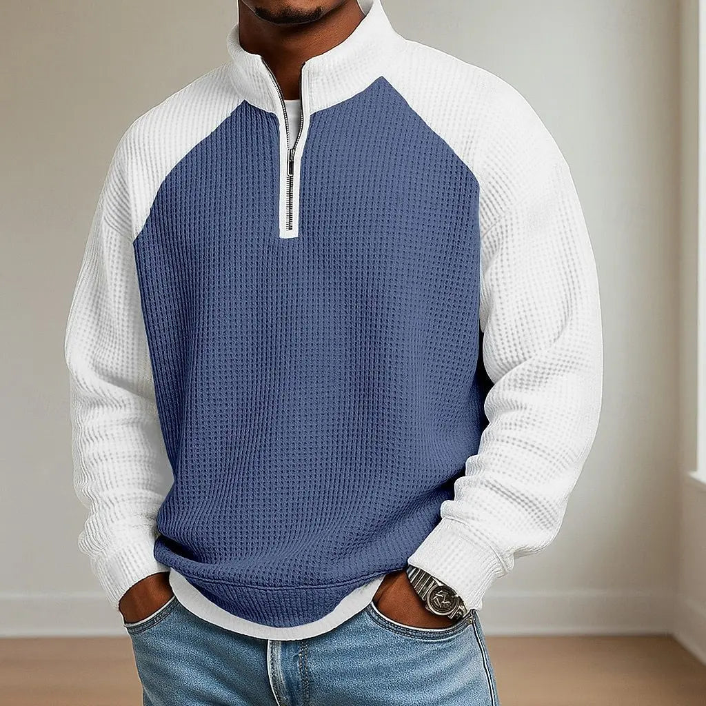 Casuals Sweatshirt Vintage Patchwork Waffle Plaid Textured Pullovers Stand Collar Zipper Jumper