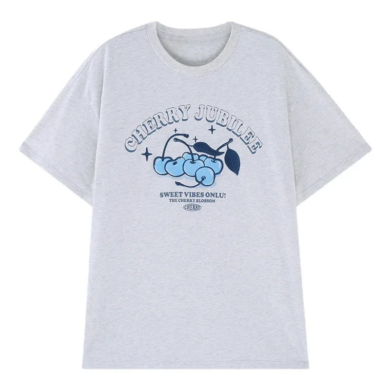 Cartoon Cherry Print Loose Fit Short Sleeve T-Shirt Polyester Crew Neck Top Sweet Lazy Couple Shirt Trendy