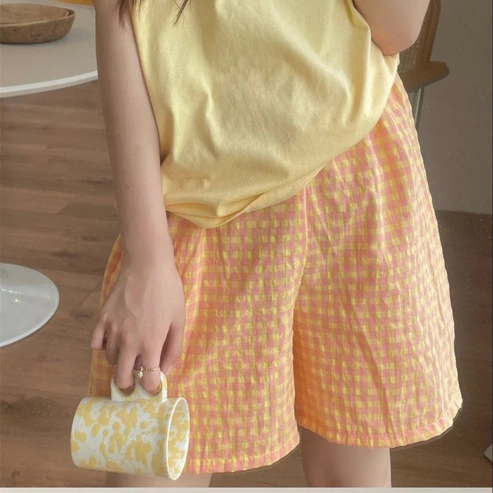Loose Plaid Shorts Ins Style Shorts High Waist Slimming Wide Legs Casual Home Pants Outdoor Wearing Walking Shorts