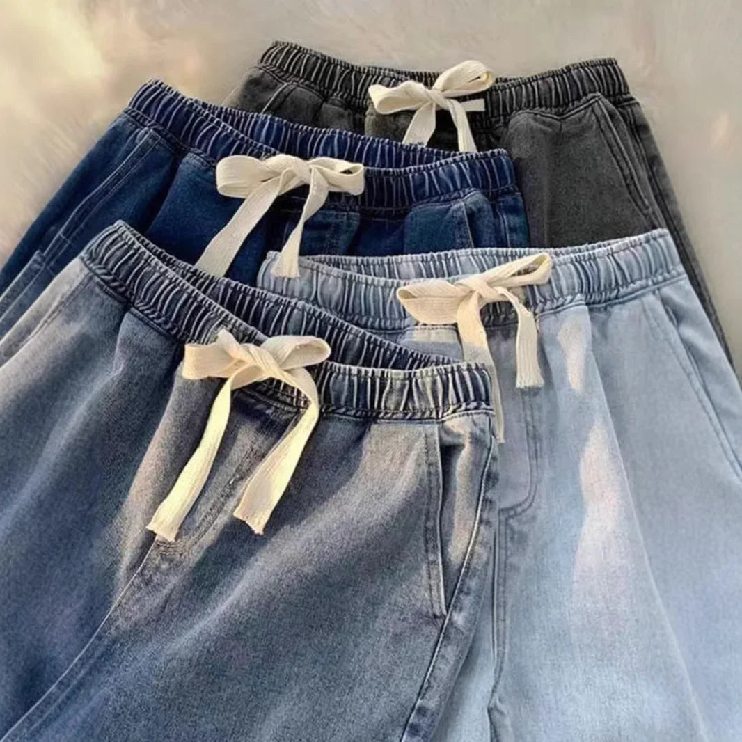 Loose Straight Leg High Waist Elastic Waist Jeans Vintage High Street Trendy Wide Leg Personalized Straight
