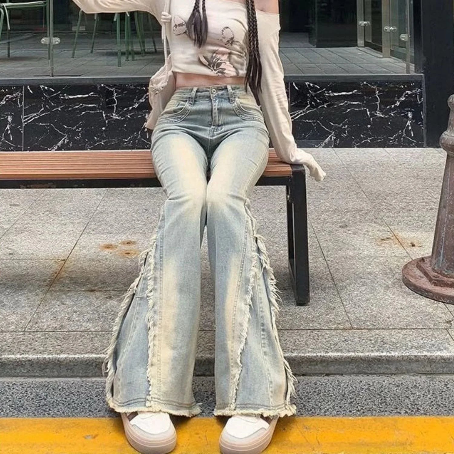 Vintage Blue Jeans High Waist American Retro 90s Raw Material Edge Design Y2k Denim Pants Streetwear Wide Leg Jeans