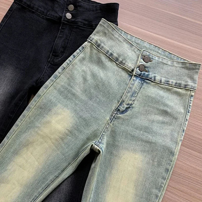 Lucyever Skinny Flare Jeans Vintage Slim Fit High Waist Denim Pants Y2K Streetwear Wide Leg Trousers