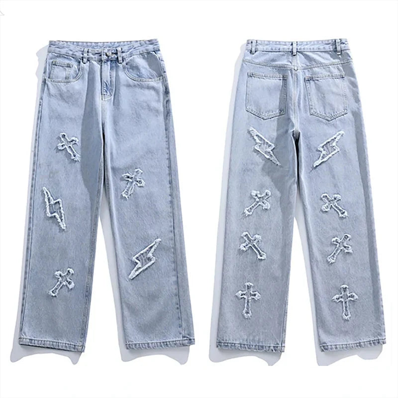 Cross Embroidery Y2k Jeanss Straight Denim Pants Casual Vintage Jeans Versatile Streetwear High Street Pants