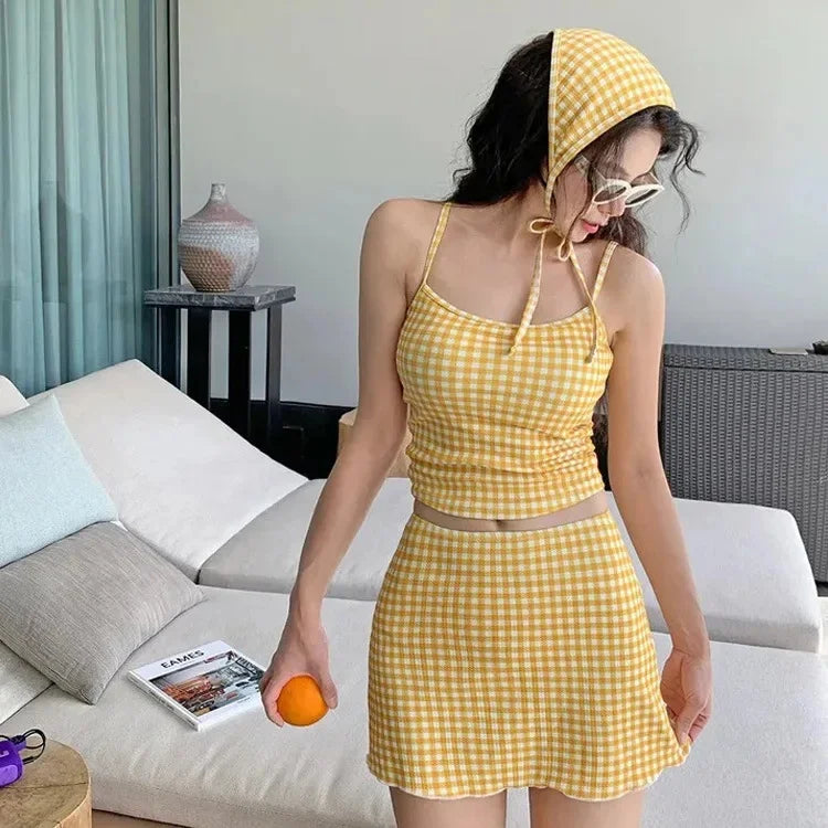 Three-Piece Swimsuit Slimming Cover-Up Holiday Beauty Checkered Pattern Conservative Korean Style Bikini Set