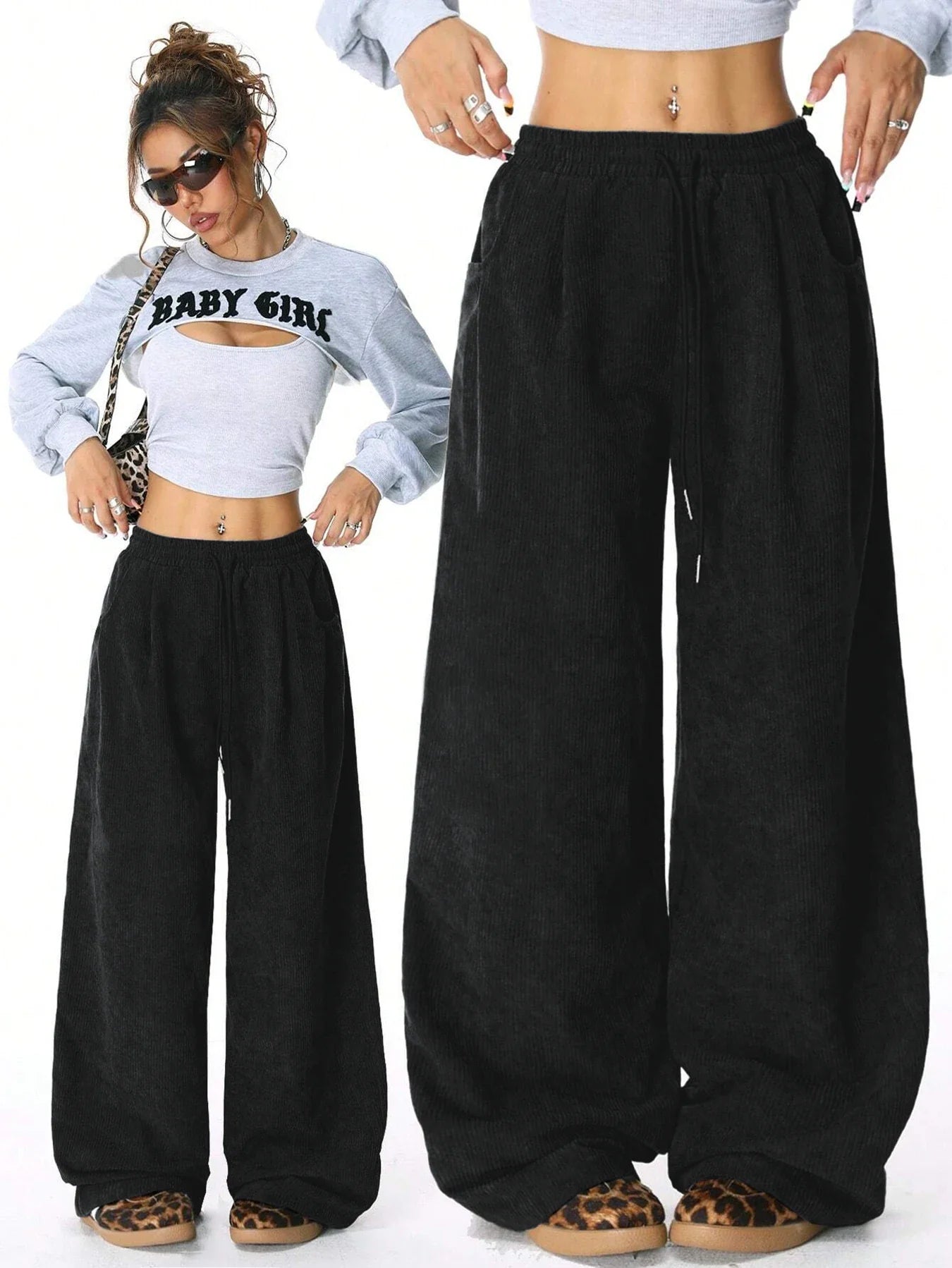 Retro Corduroy Cargo Pants Casual Drawstring Straight Sports Pants Drape Daily Commuting Wide Leg Pants